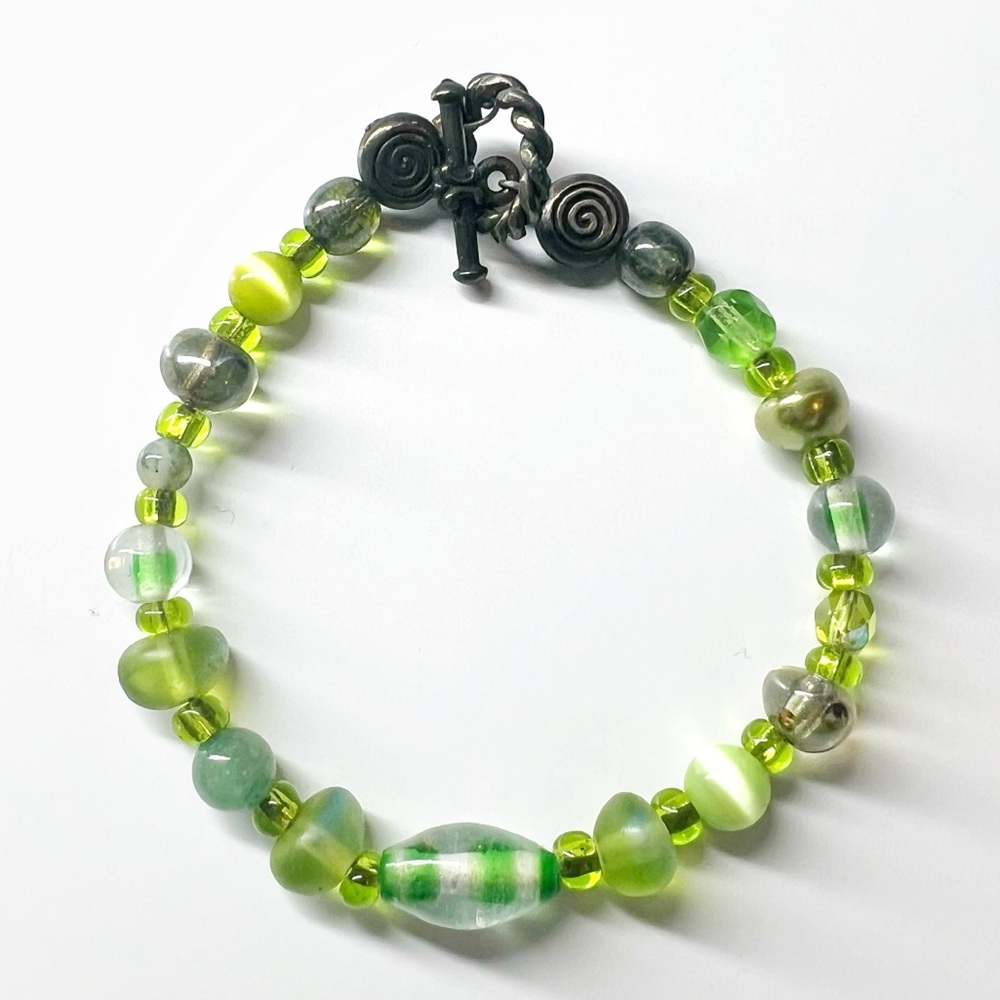 Handcrafted Greens with Metal, Swirl, Glass Beaded Bracelet ~ 6.5” l…